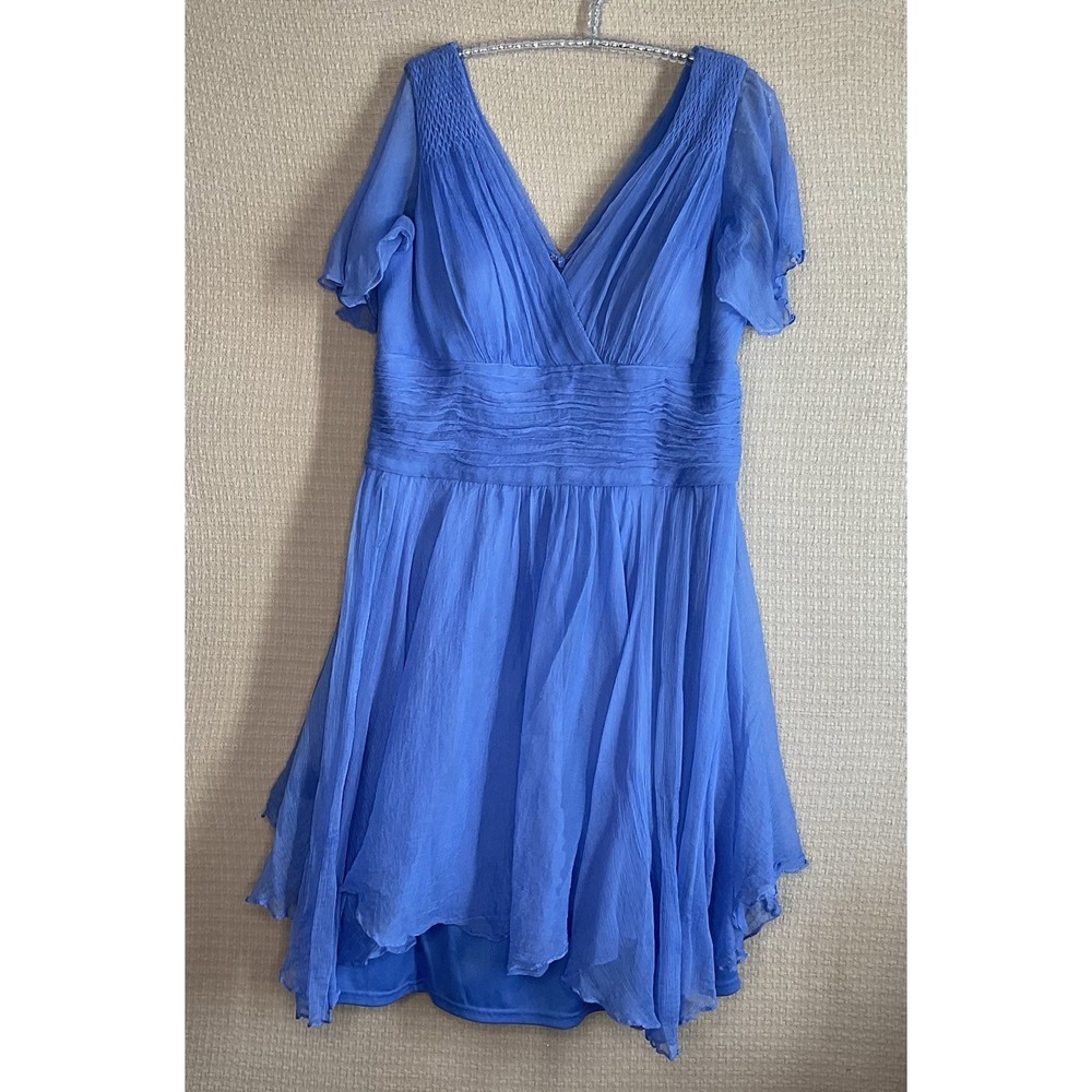 JC Collections Blue 100% Silk Chiffon Mini‎ Dress Women's Size 16 Wedding Party - Picture 11 of 15